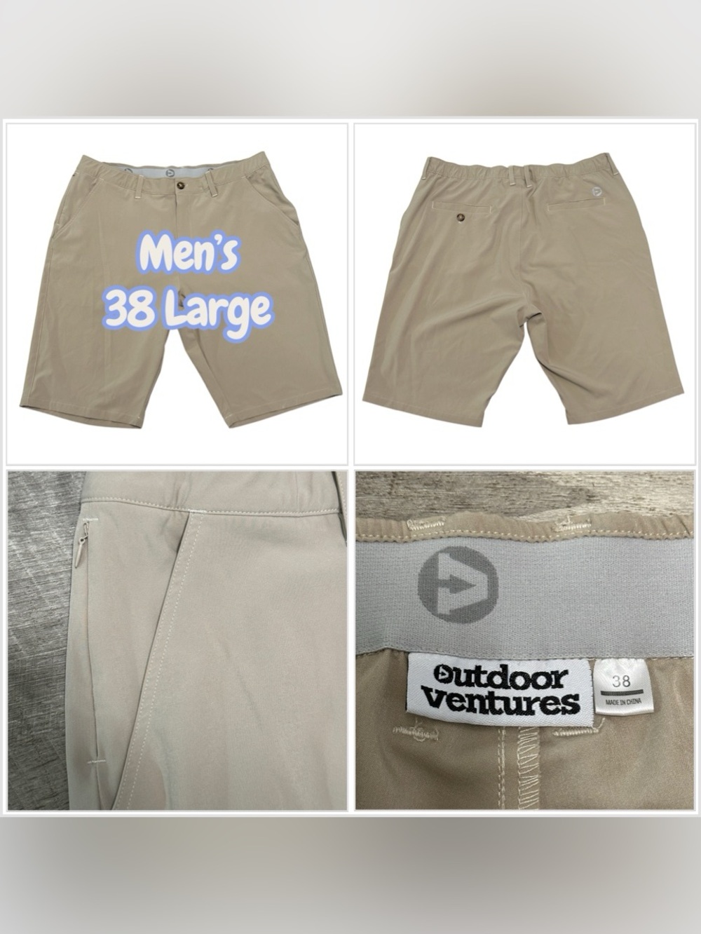 Mens Outdoor Ventures 38 Large Golf Shorts Chino Khakis Stretch Waistband Khaki